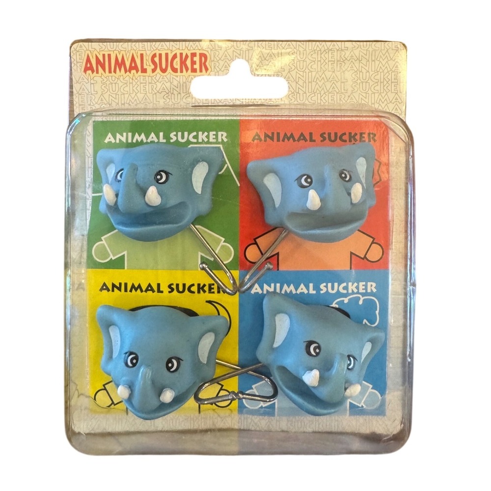 Vintage Animal Sucker Elephant Suction Cup Hooks Set of 4 Blue Novelty Kitsch